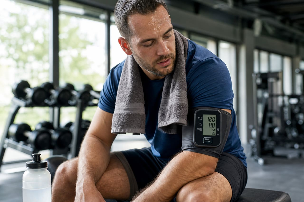 Athlete Checking Blood Pressure on a Gym Bench