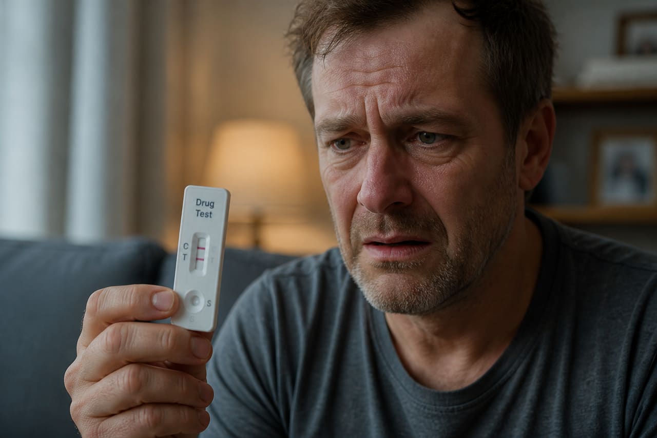 Stressed Man Holding Positive Drug Test Result in Living Room