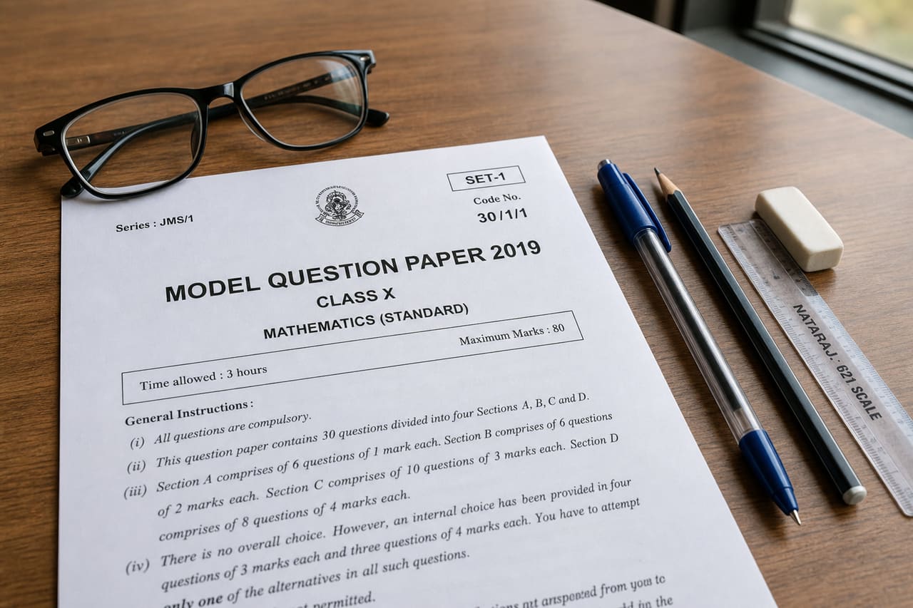 Printed Model Question Paper 2019 on a Study Desk