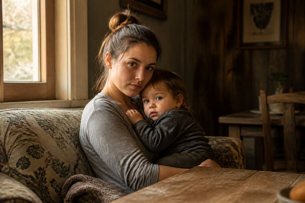 Young Woman Caring for a Small Child in a Modest Home