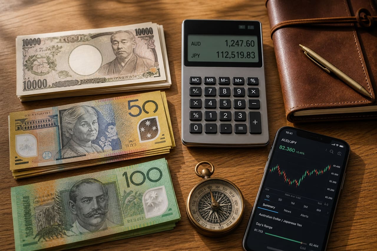 105000 Yen to AUD Currency Exchange on a Desk