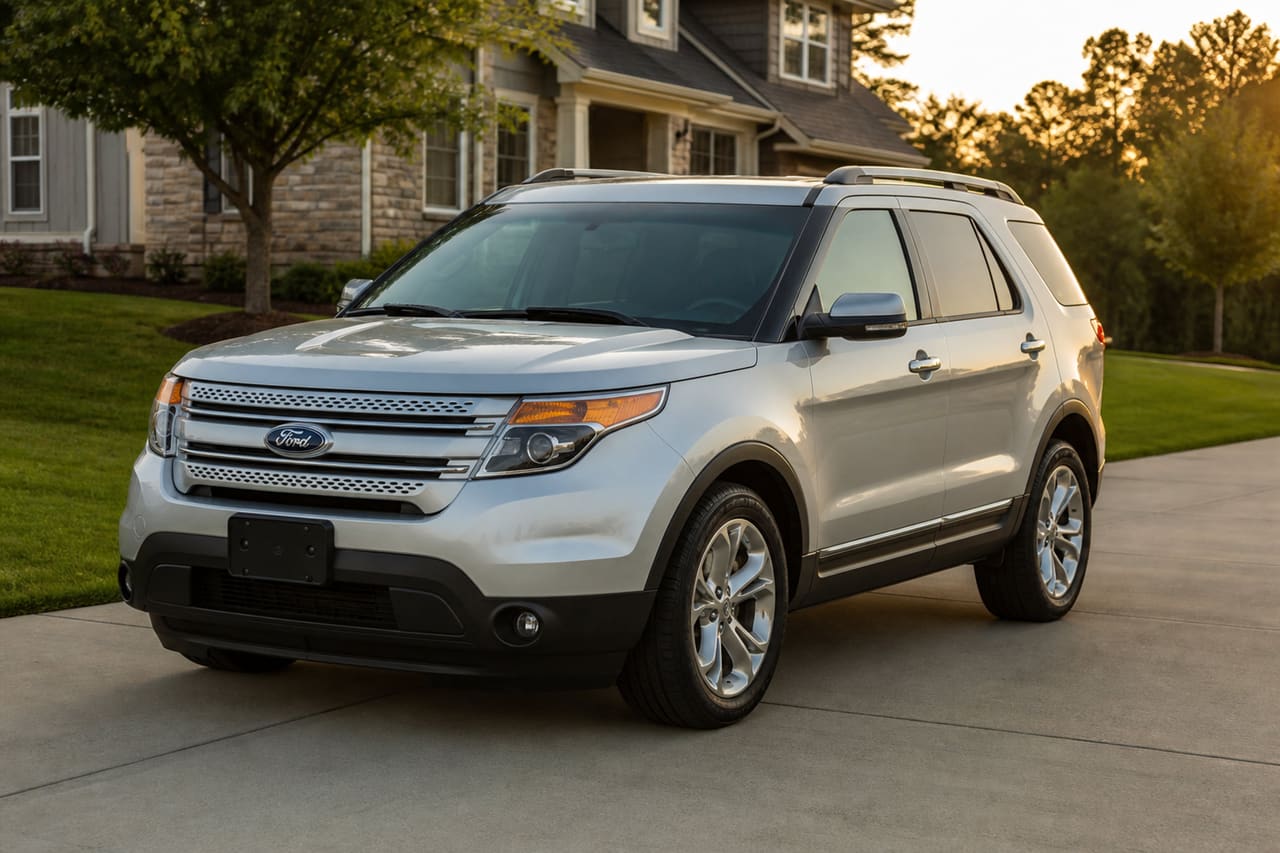 Silver Ford Explorer 2013 Parked on a Suburban Driveway