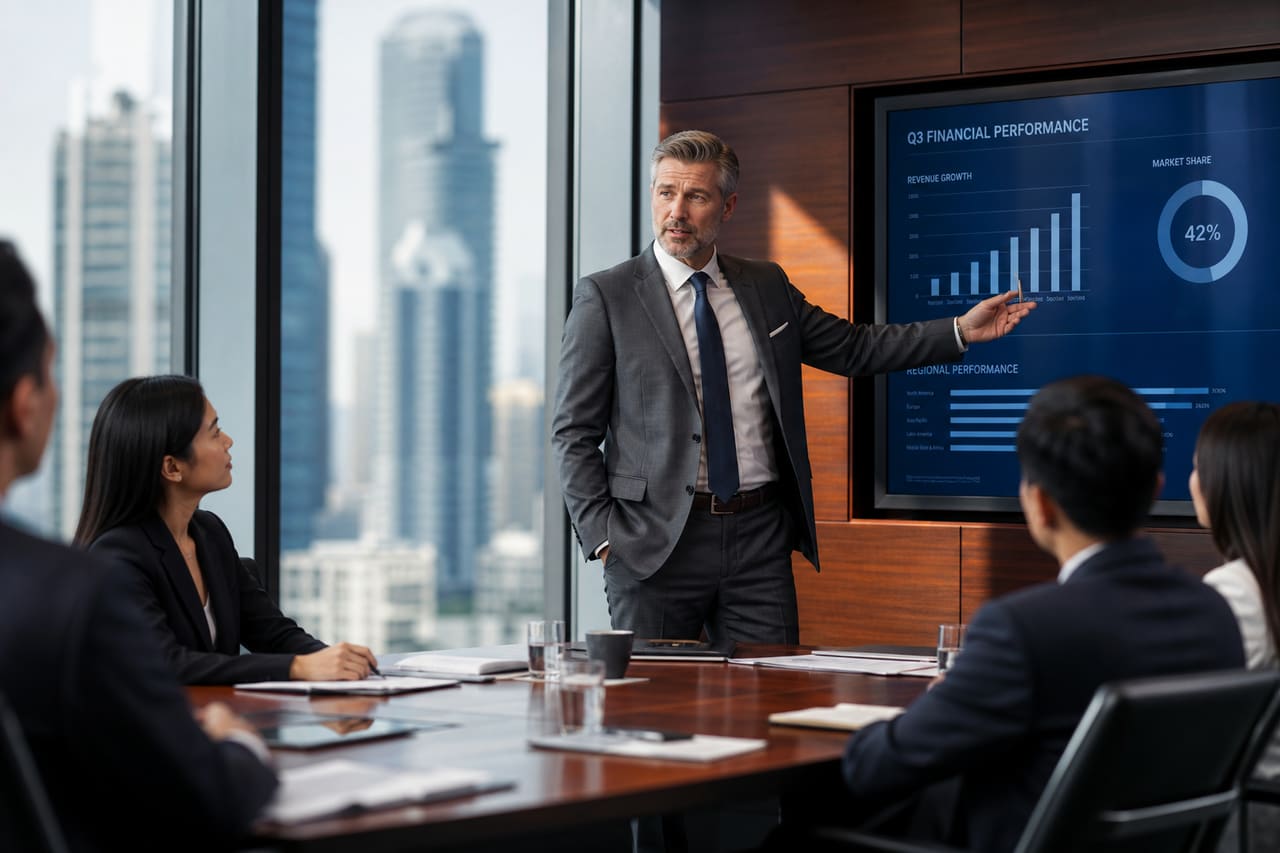 Professional Man in Business Suit Leading a Boardroom Presentation