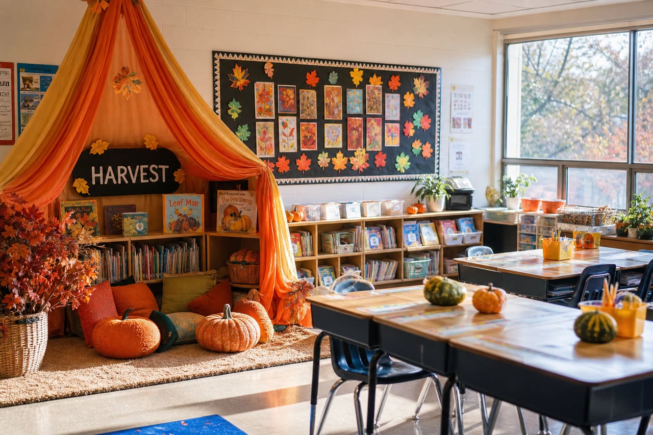 Elementary Classroom Decorated with Autumn Harvest Themes