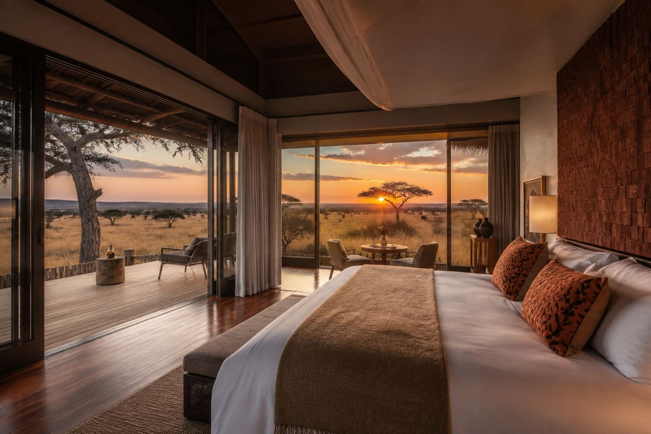 Luxury Safari Lodge Suite with Panoramic African Savanna View