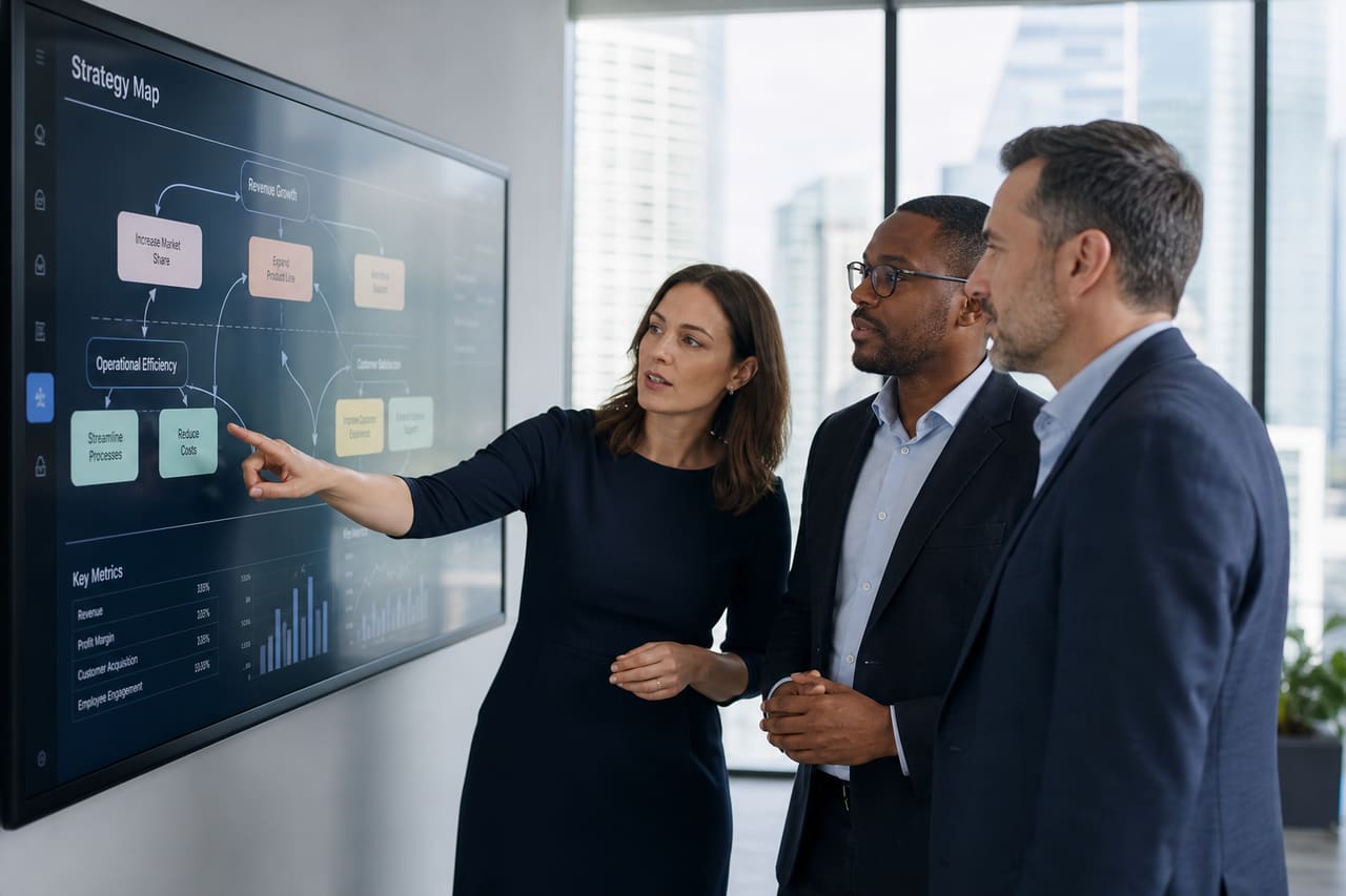 Business Professionals Analyzing Disruptive Strategy on a Digital Whiteboard