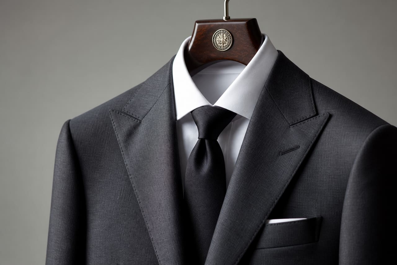 Luxury Tailored Designer Suit Hanging on a Wooden Hanger