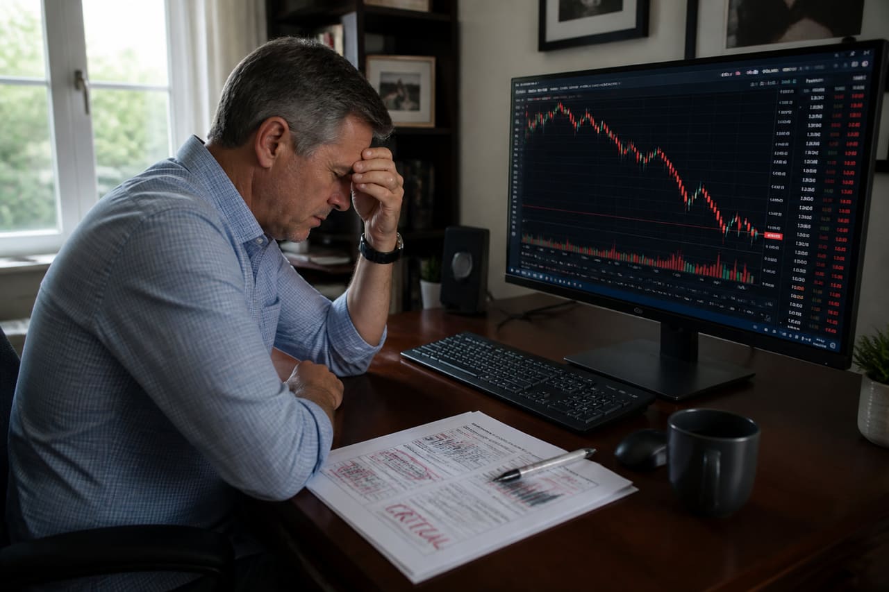 Stressed Investor Analyzing Market Crash in Home Office