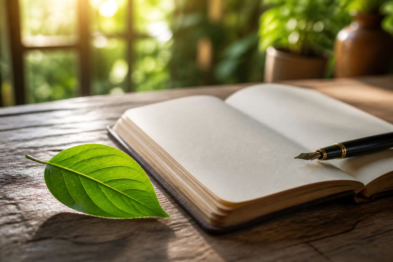 Green Leaf and Blank Journal on Rustic Wooden Table