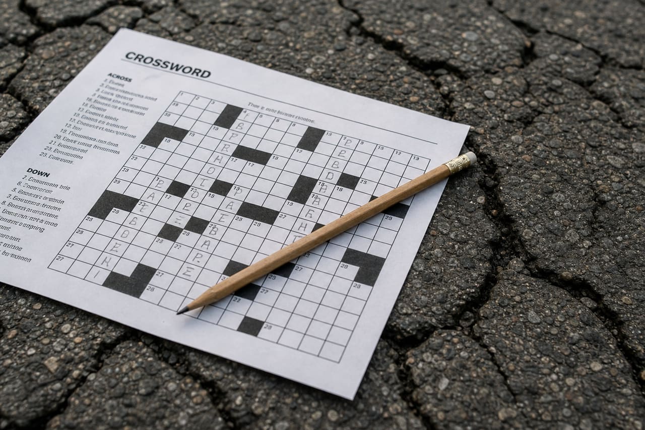 Crossword Puzzle Resting on a Rough Road Surface