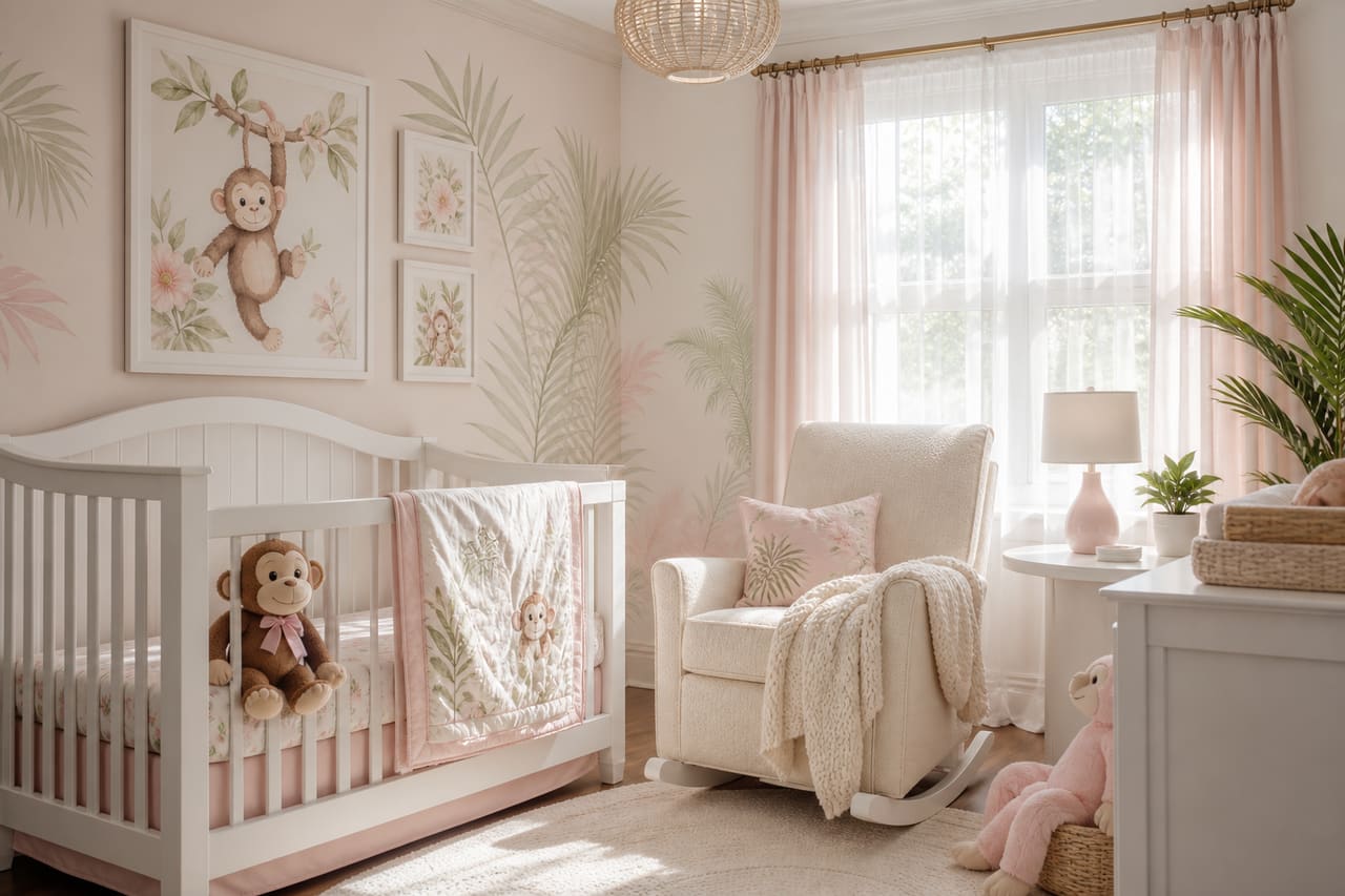 Baby Girl Monkey Themed Nursery Decor in Soft Pastel Room