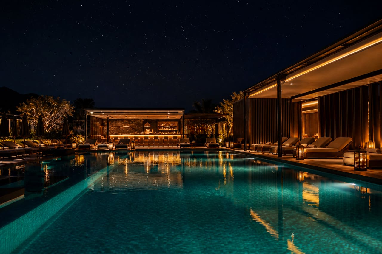 Luxury Resort Swimming Pool Illuminated at Night