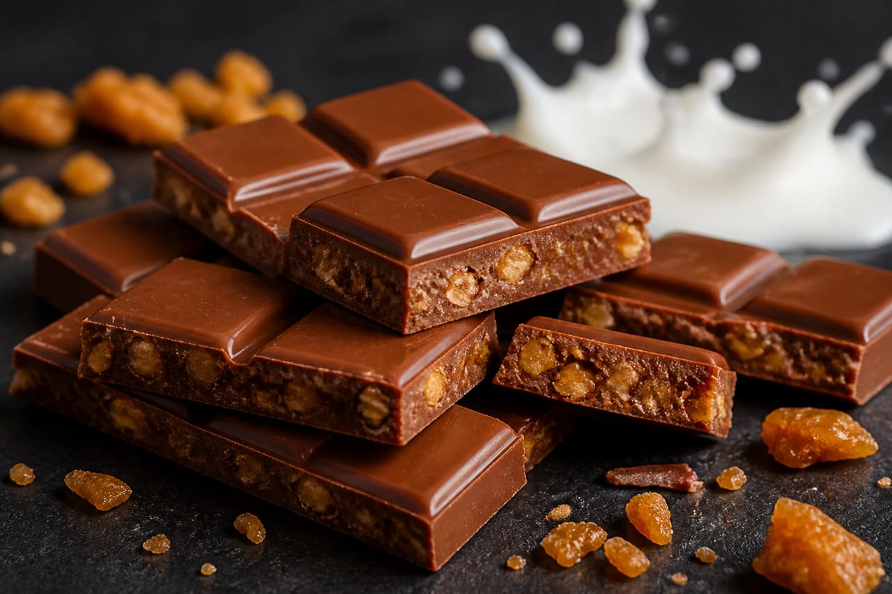 Milk Chocolate Toffee Block Broken Into Crunchy Squares