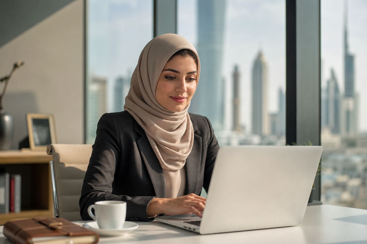 Professional Middle Eastern Woman Working in a Modern Office