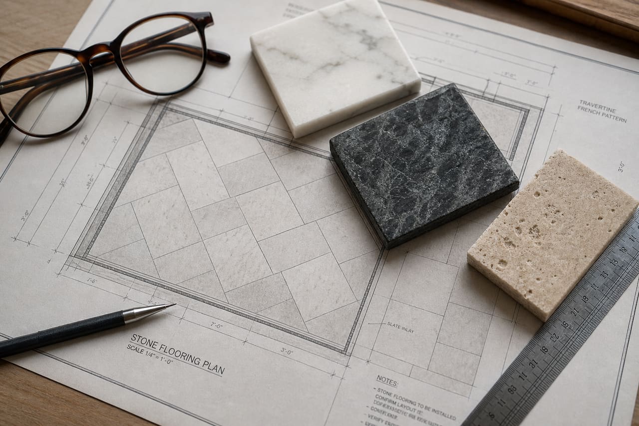 Architectural Blueprint and Stone Material Samples on a Wooden Desk