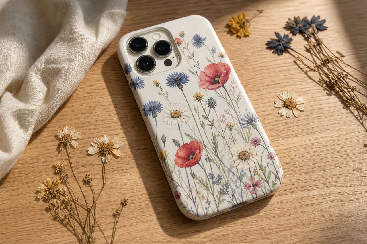Floral Wildflower Phone Case on Oak Wooden Surface