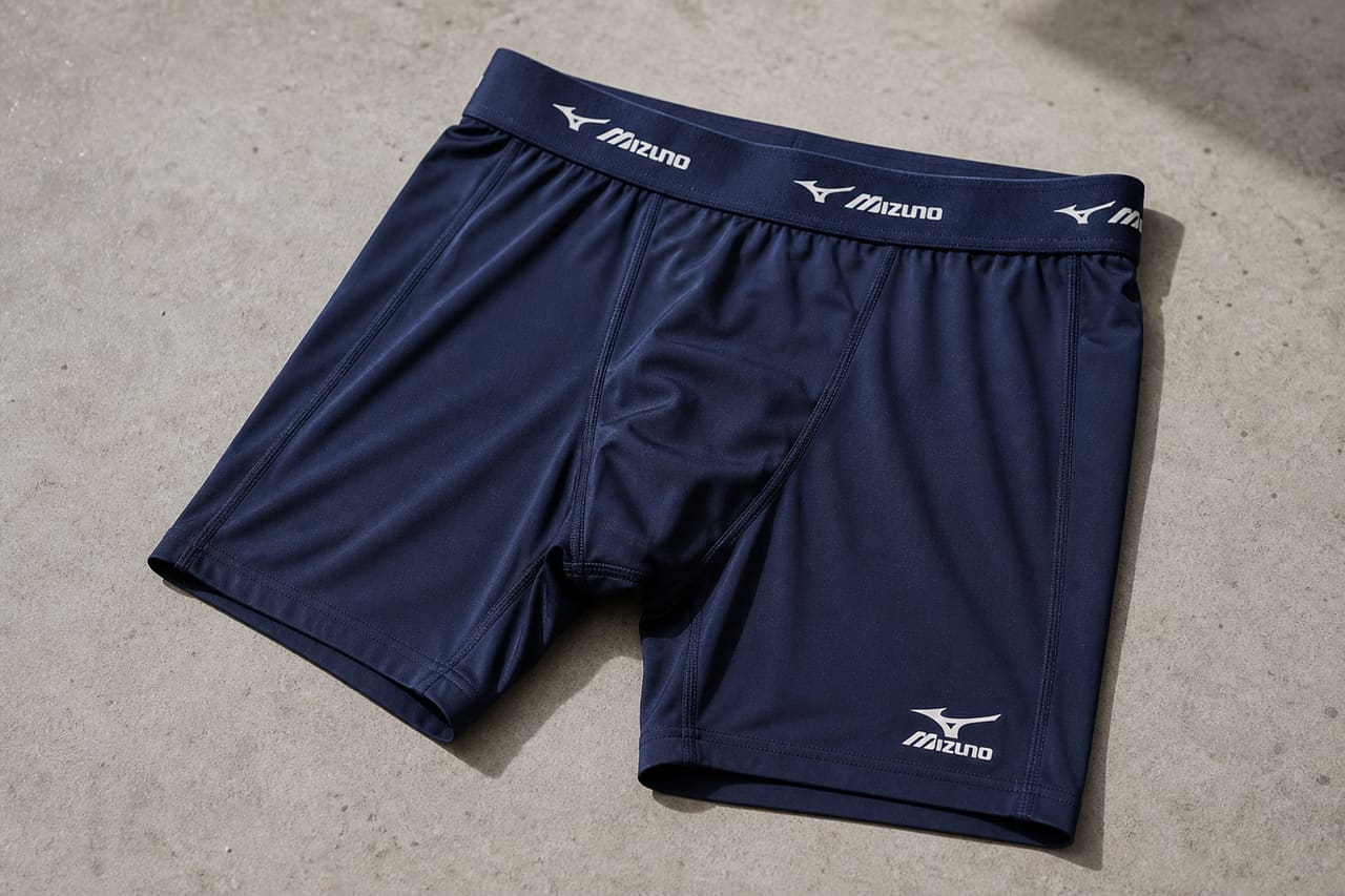 Navy Blue Mizuno Slider Shorts on Concrete Surface