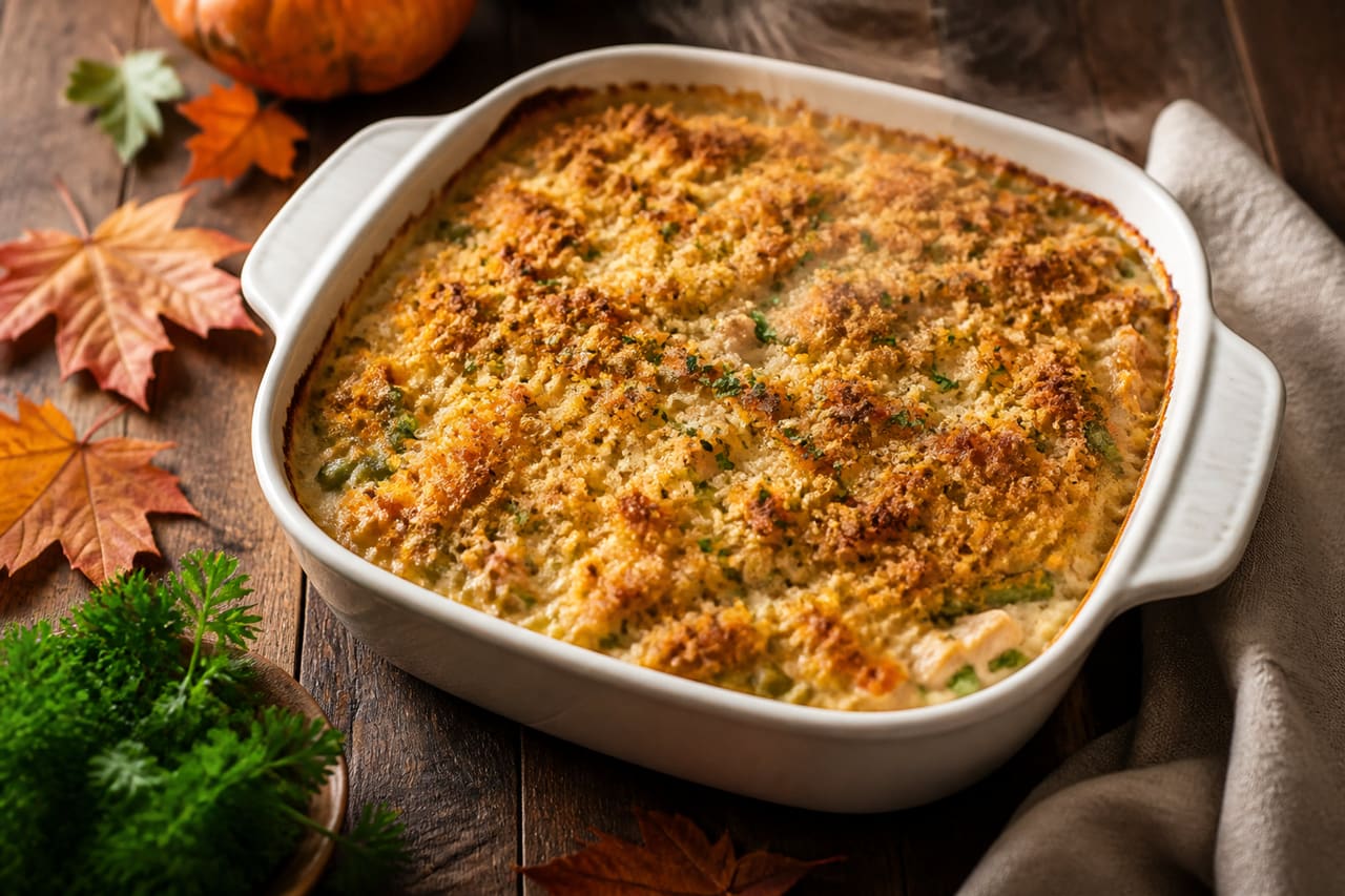 Freshly Baked Easy Thanksgiving Casserole on a Rustic Table
