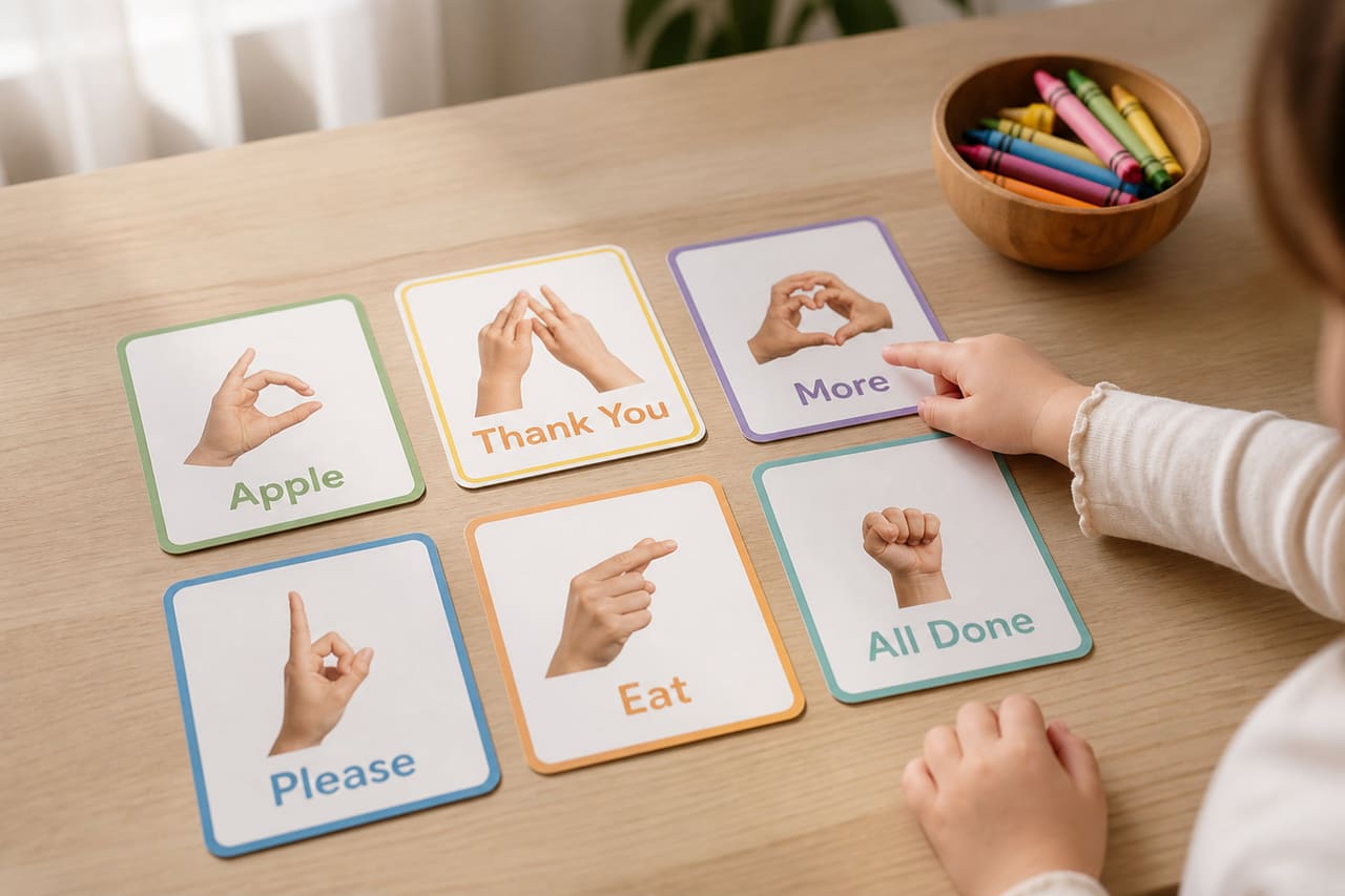 Asl Sign Language Flash Cards on a Wooden Table