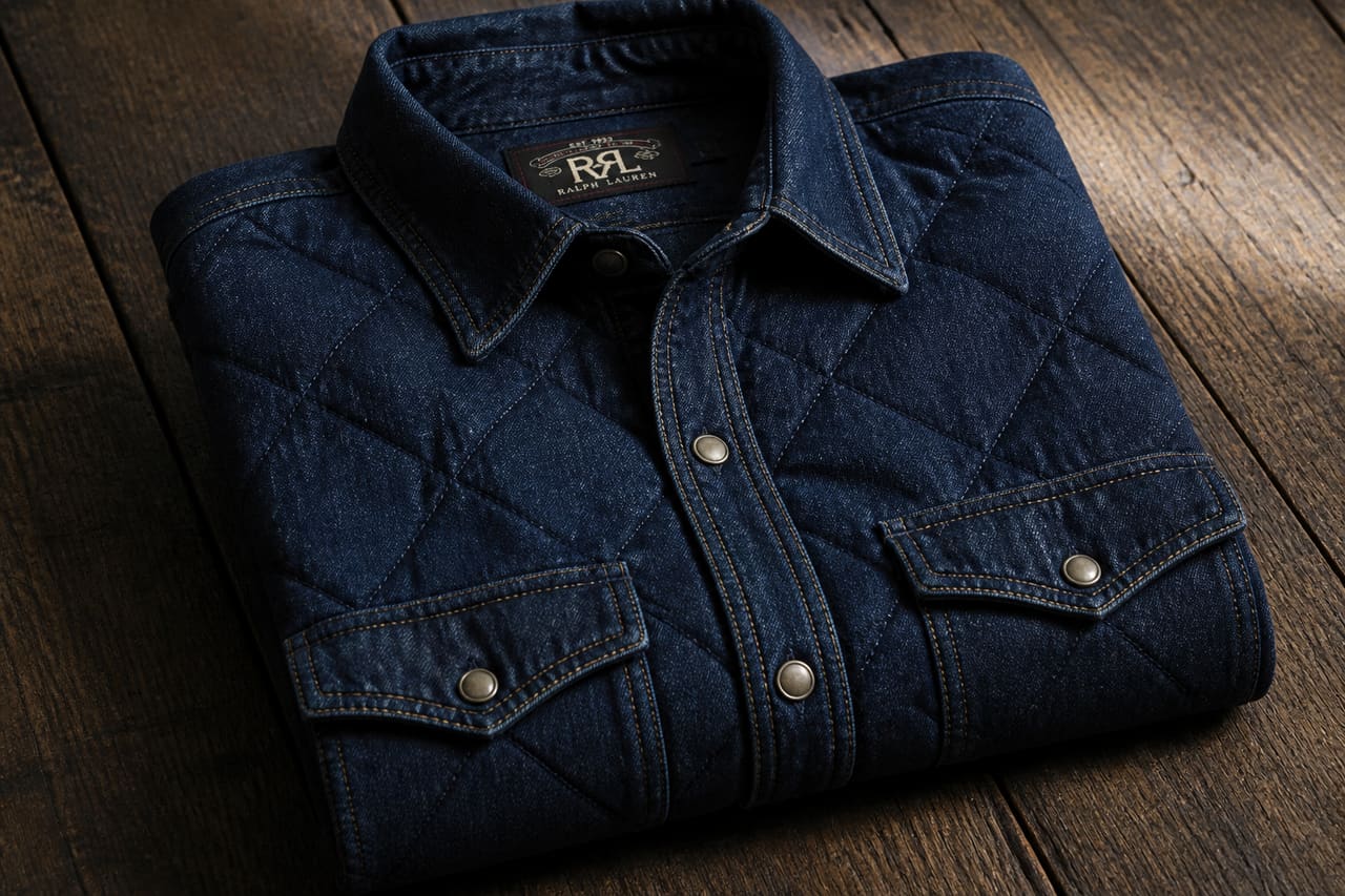 Quilted Denim Shirt Folded on a Rustic Wooden Table