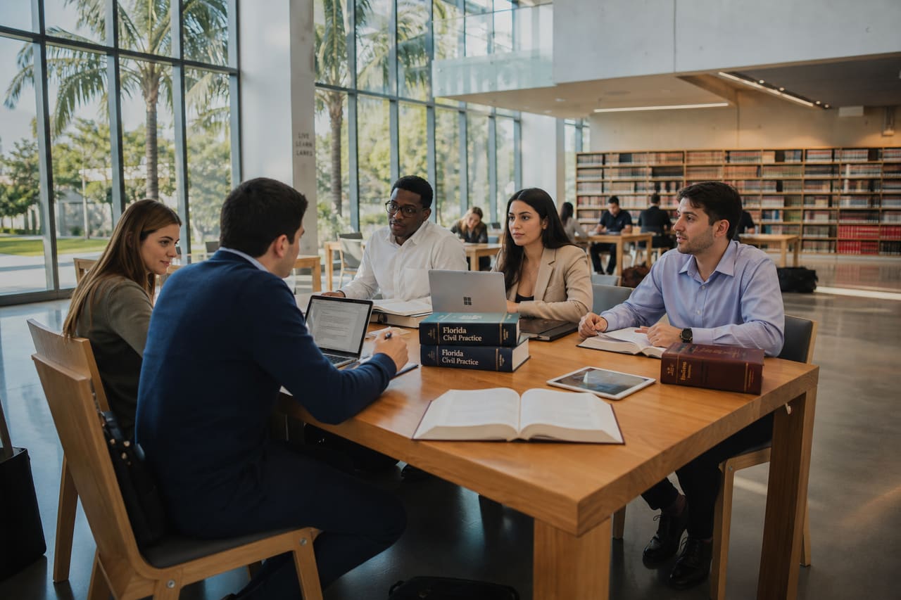Law Students Studying in a Modern Miami Campus Library