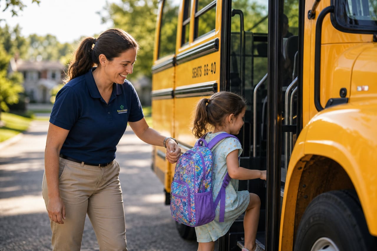Professional Nanny Assisting Child Boarding a School Bus
