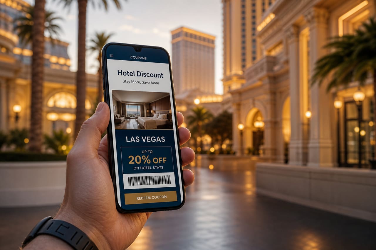 Person Using Mobile App for Hotel Discounts in Las Vegas