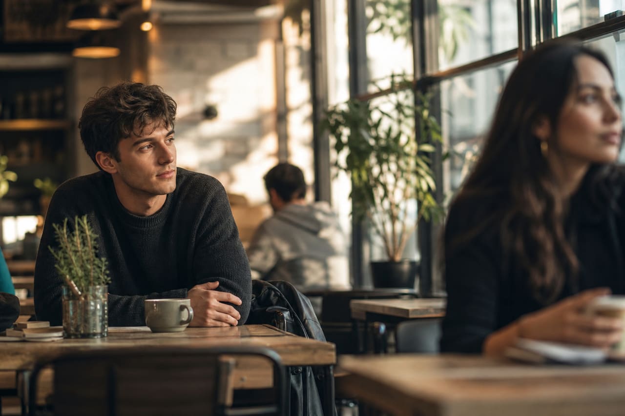 Young Man Looking Longingly at Woman in a Crowded Cafe
