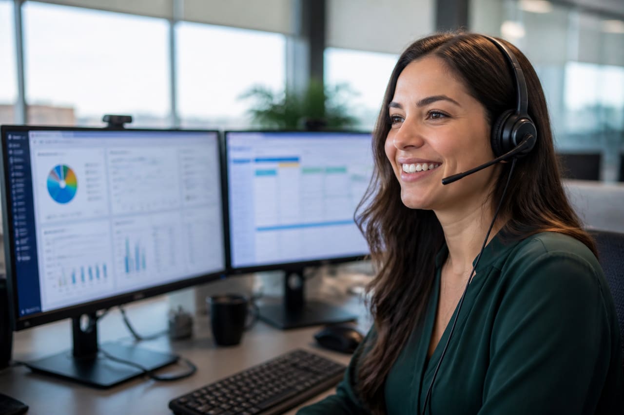 Customer Service Representative Answering Calls in a Modern Office