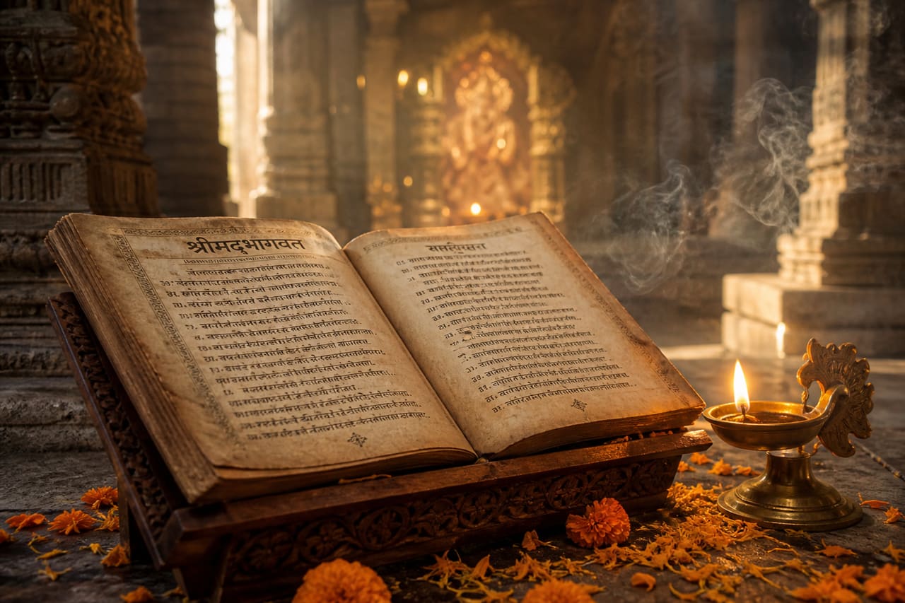 Ancient Bhagvat Scripture with Brass Lamp in Temple