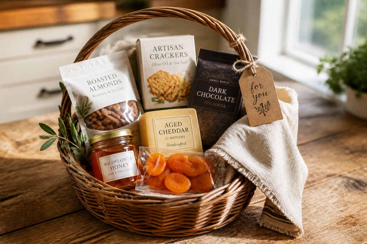 Gourmet Gift Snack Basket on a Rustic Wooden Table