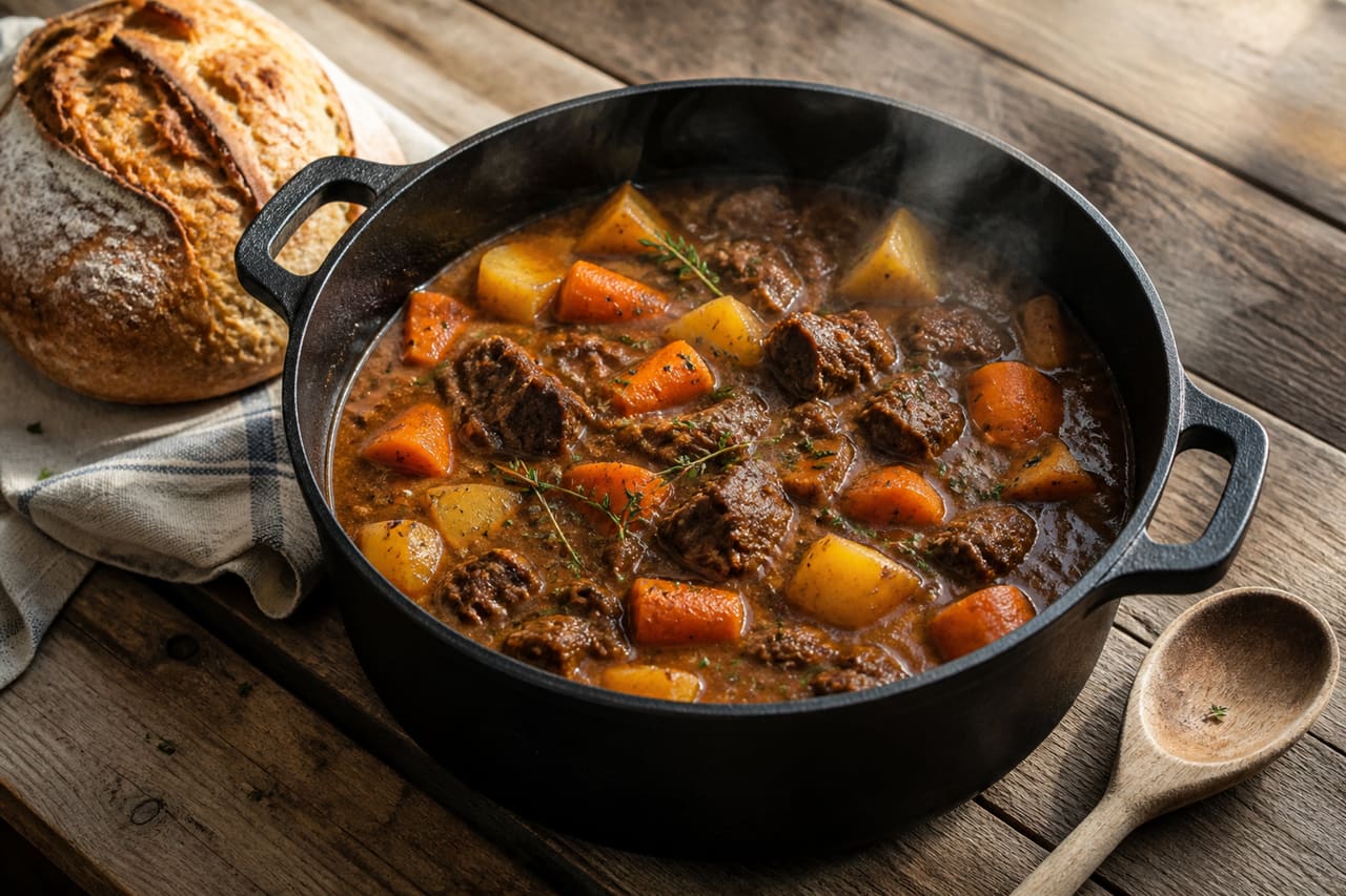 Beef and Vegetable Stew in a Cast Iron Dutch Oven