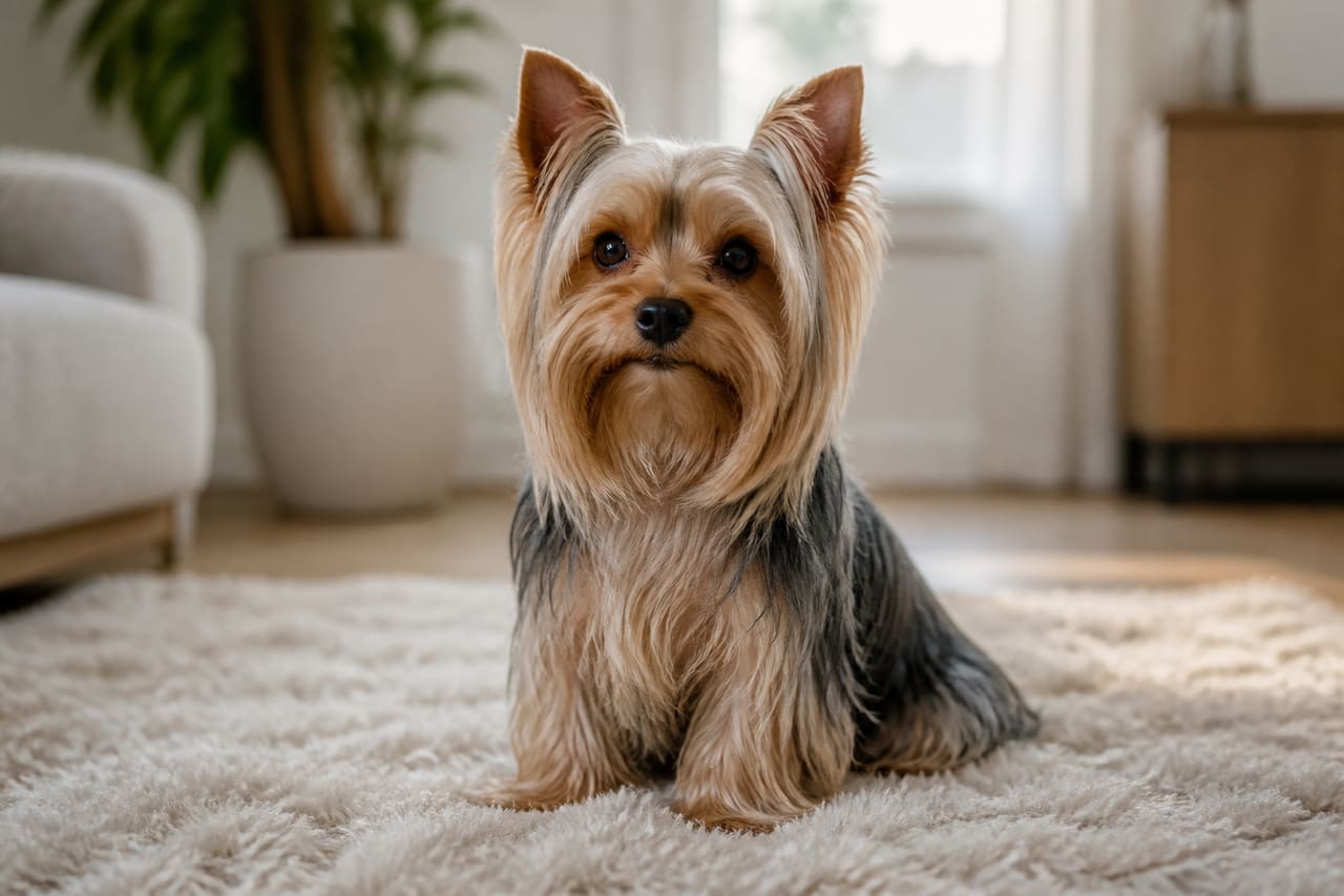 Yorkshire Terrier Dog Sitting on a Plush White Rug