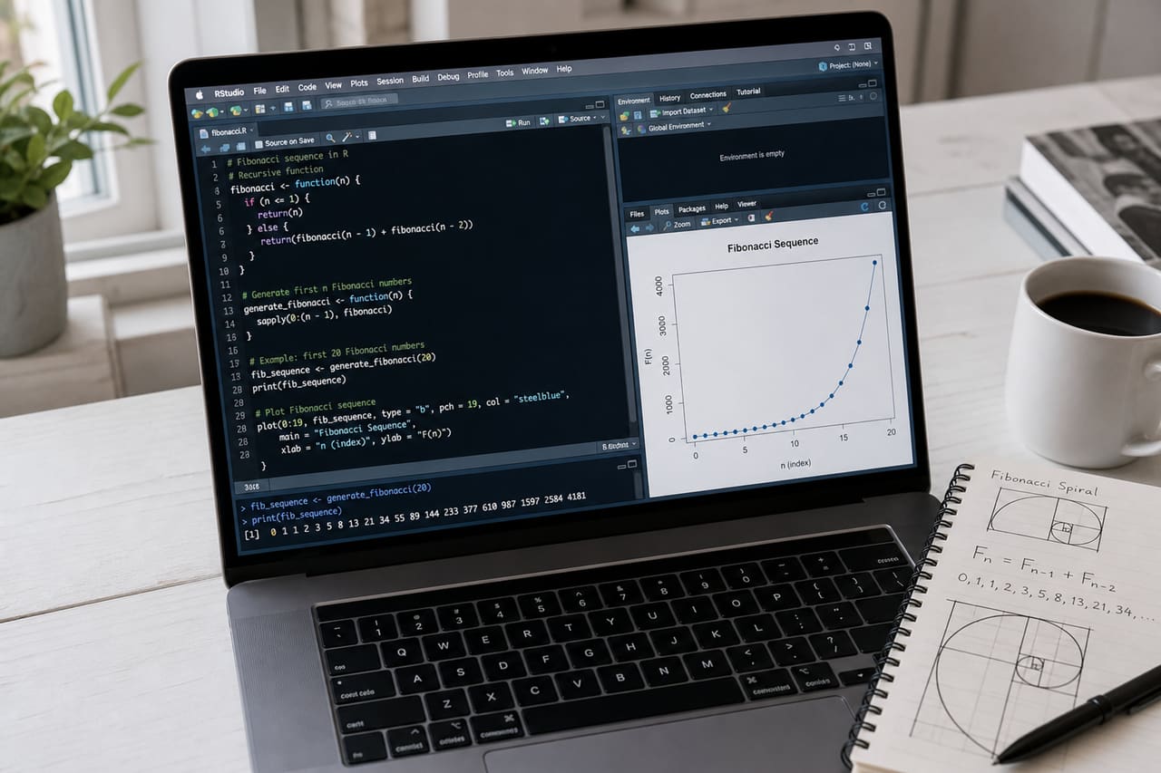 Laptop Screen Displaying Fibonacci Sequence in R Code