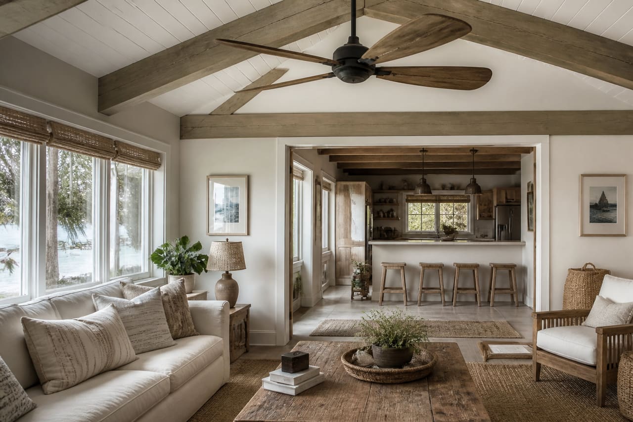 Boat Paddle Ceiling Fan in a Coastal Living Room