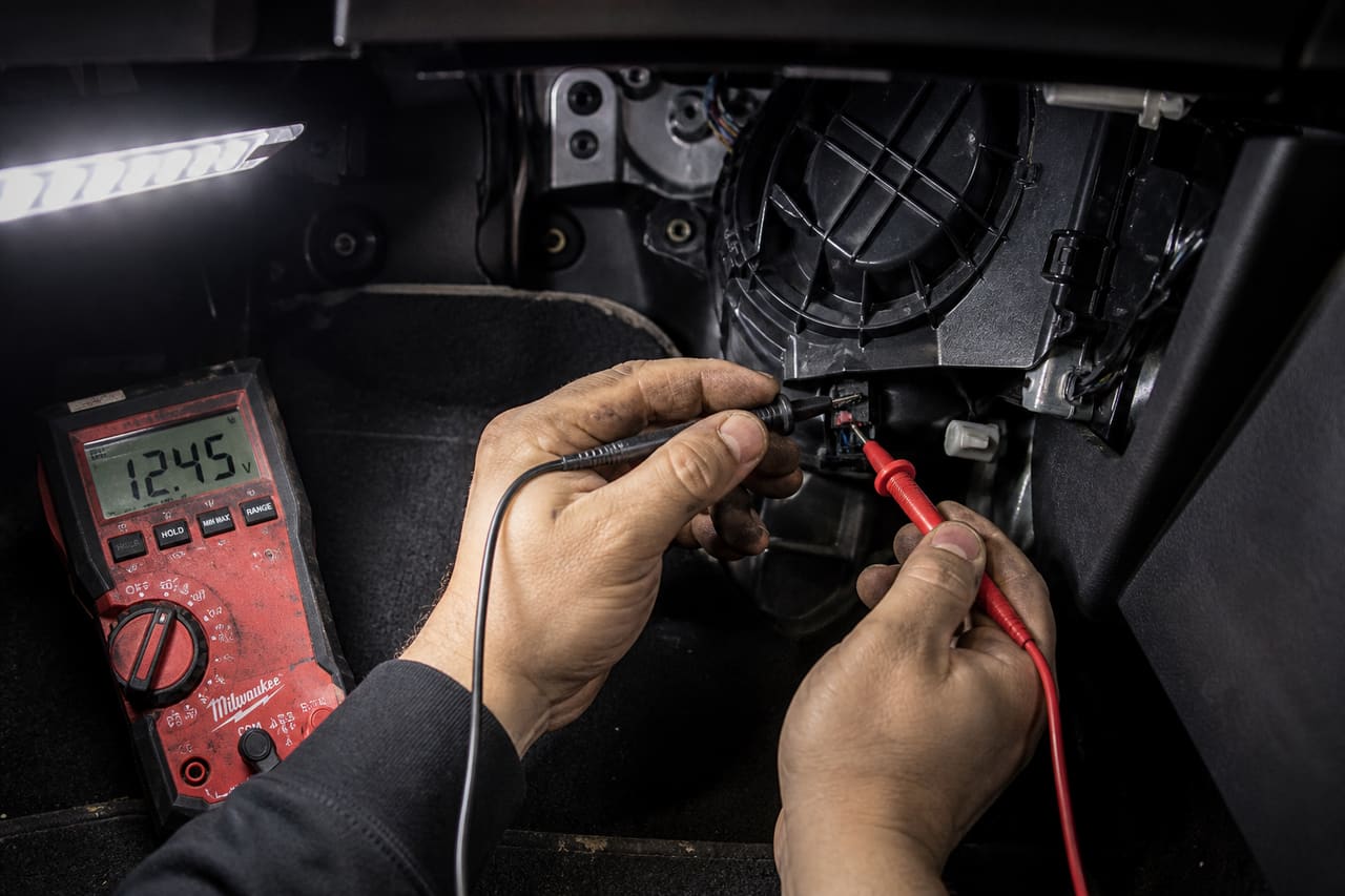 Mechanic Inspecting Car Cabin Air Blower Motor