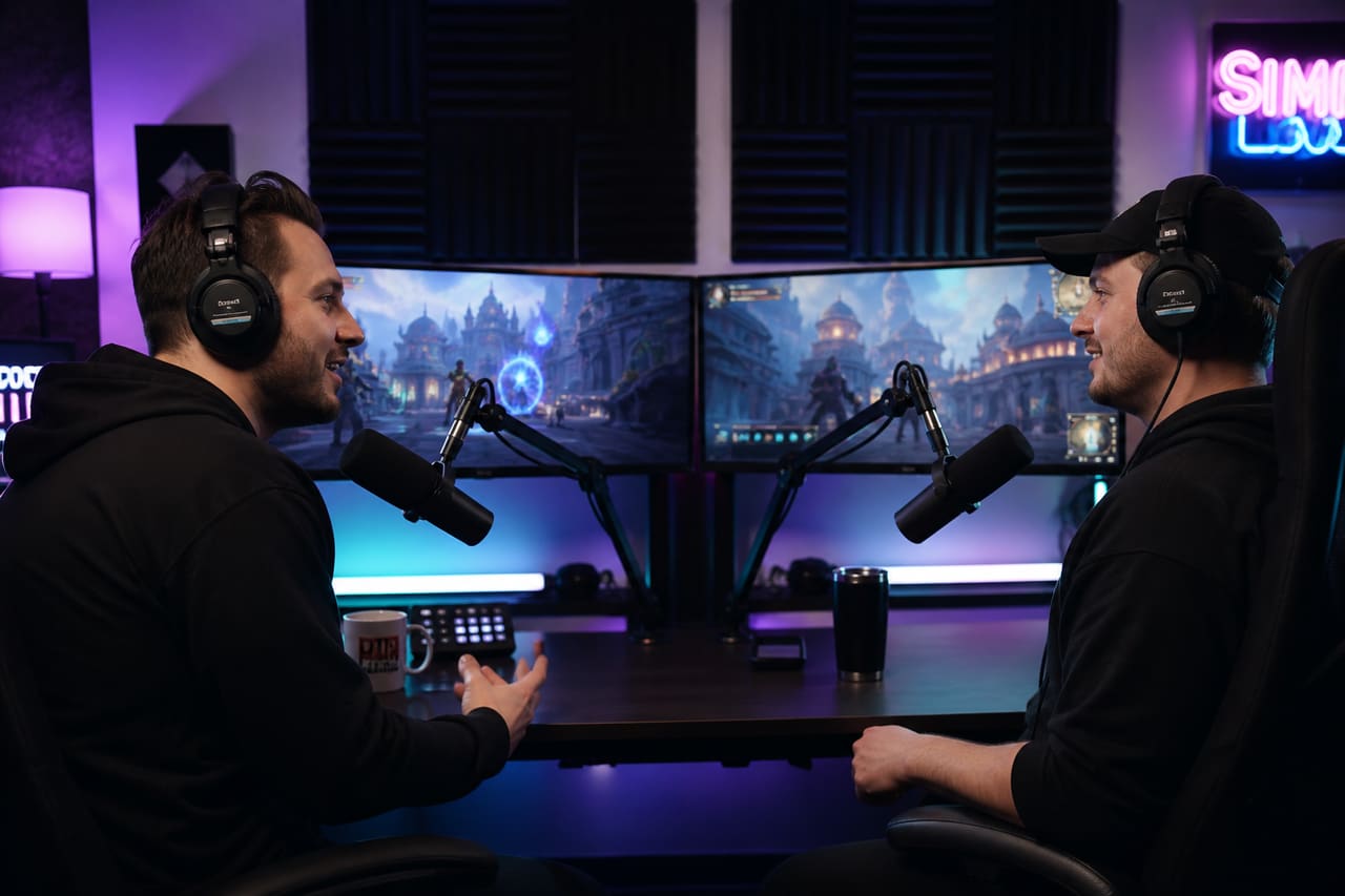 Gamers Recording a Fantasy Video Game Podcast in a Home Studio