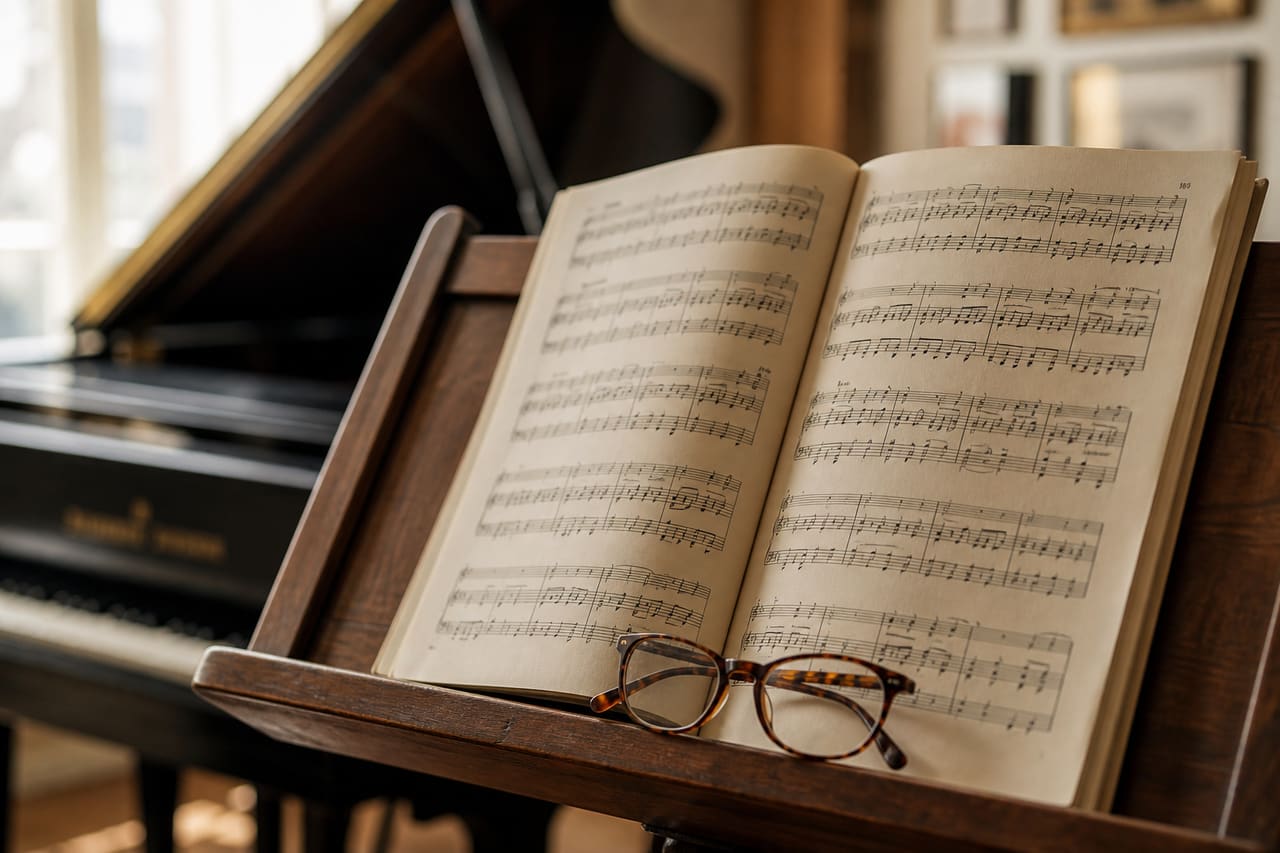 Selection of Classical Piano Sheet Music on a Wooden Music Stand