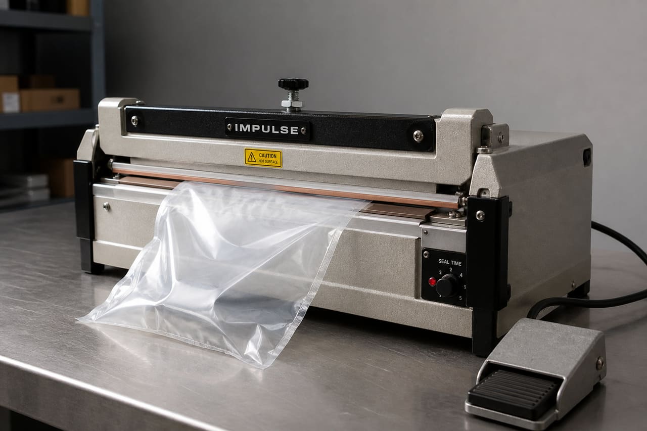 Industrial Impulse Foot Sealer on a Metal Workbench