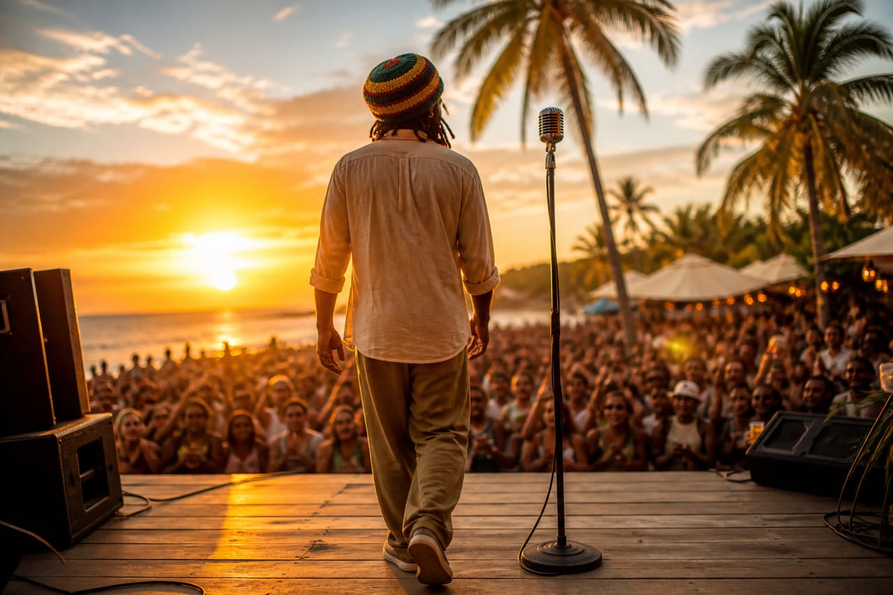 Reggae Musician Preparing to Perform on a Tropical Stage