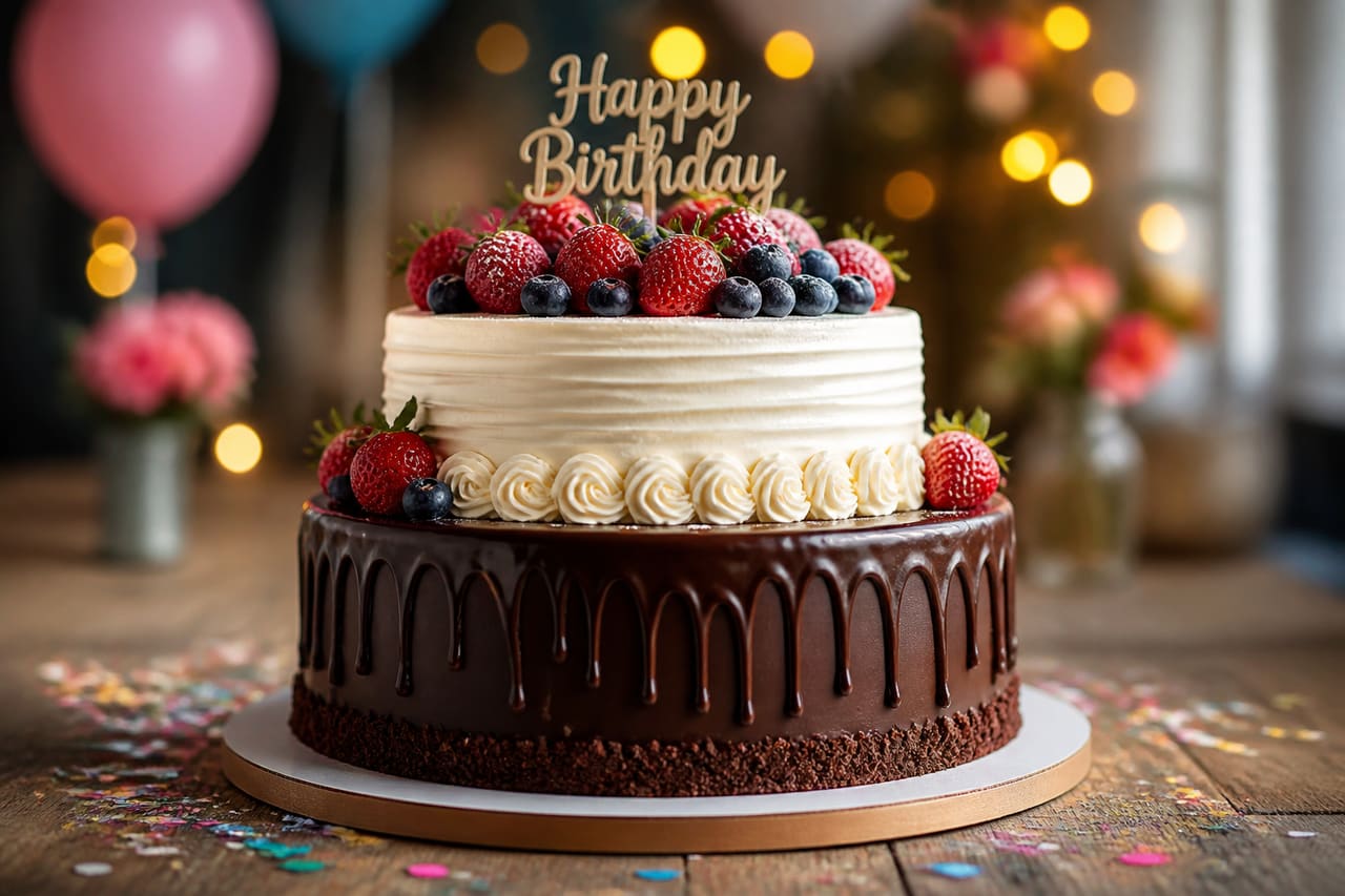 Two Tier Vanilla and Chocolate Birthday Cake on a Wooden Table