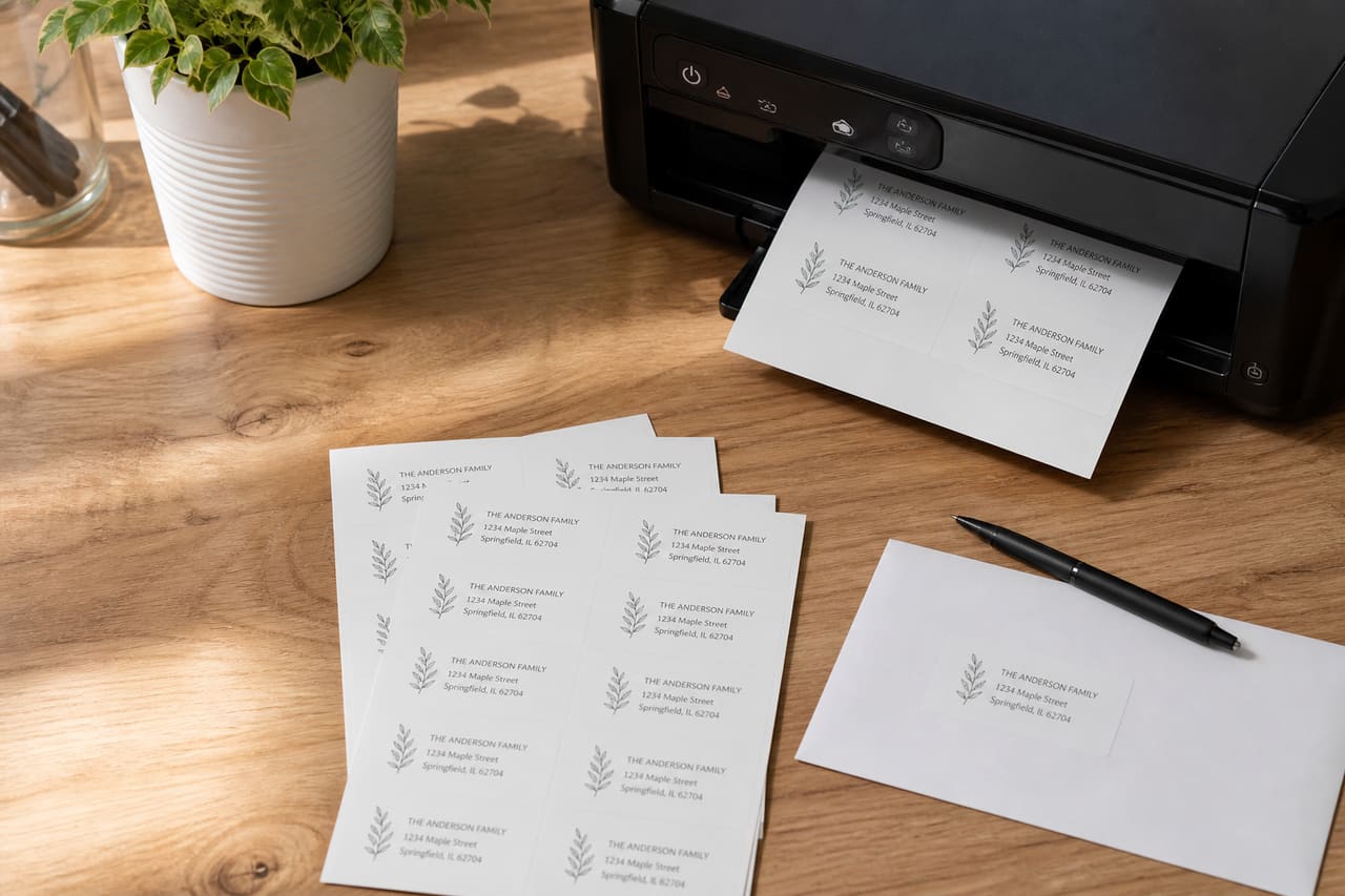 Custom Printed Address Labels on a Wooden Desk