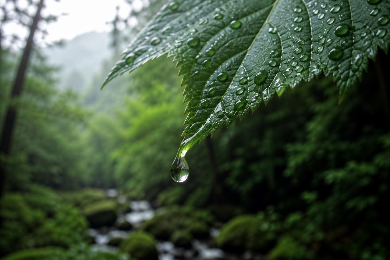 Raindrops Falling on a Green Leaf in a Lush Forest