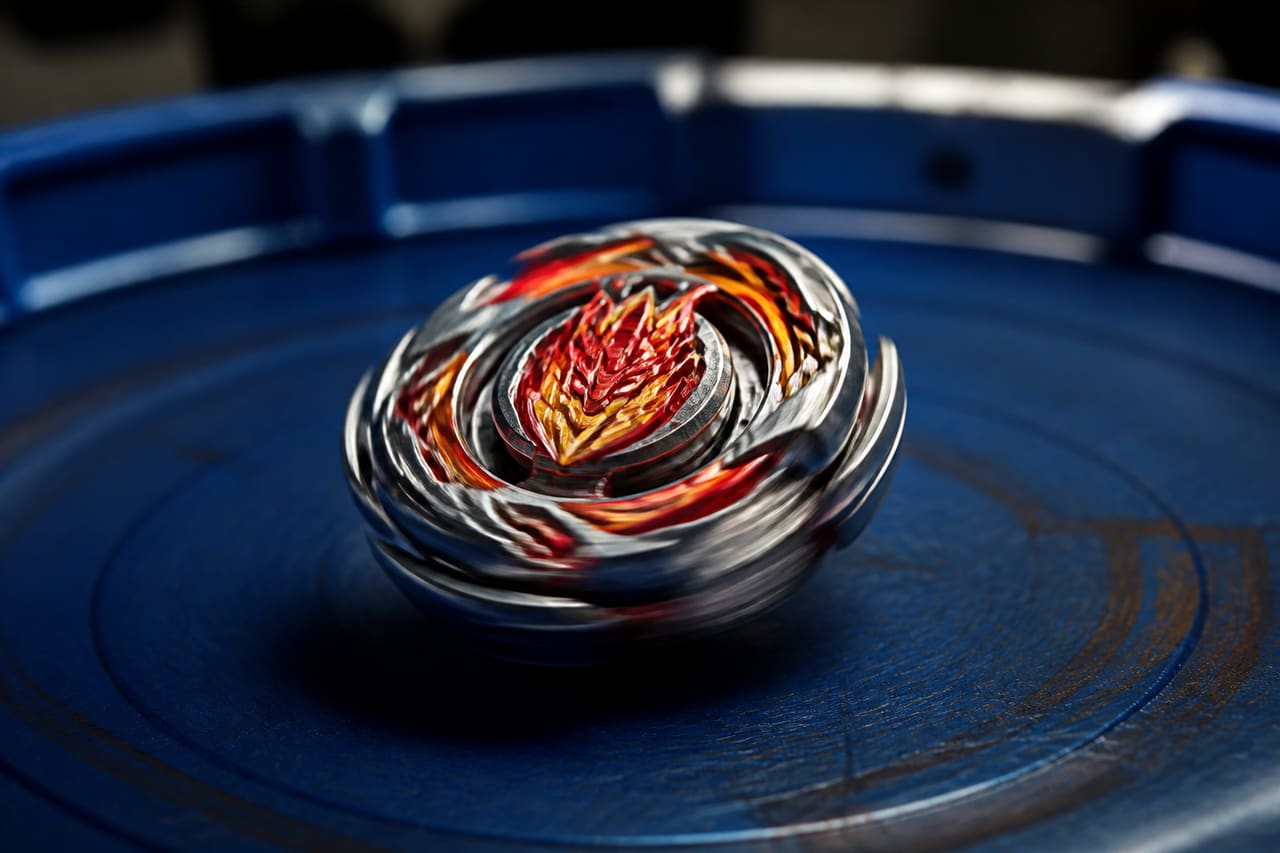 Customized Spinning Top Toy with Flame Accents on a Stadium Arena