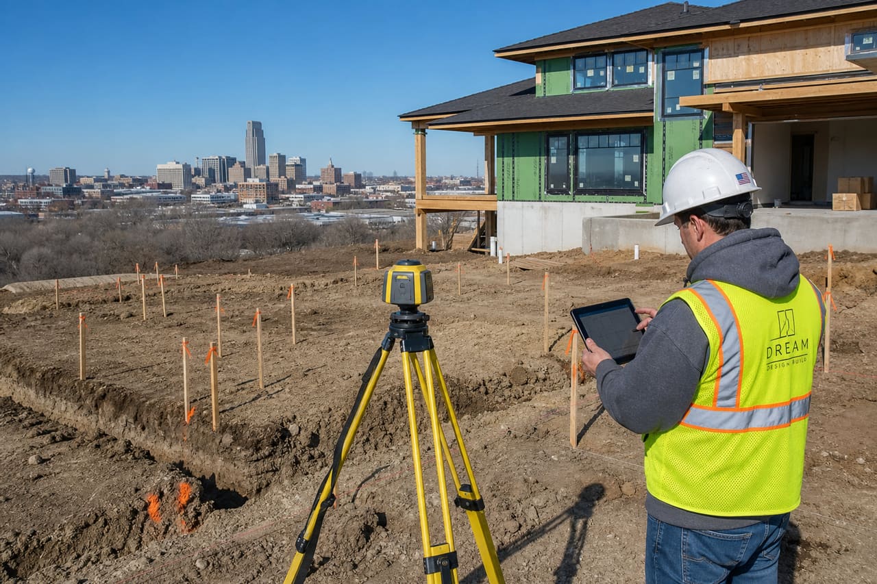 Construction Worker Surveying Site for Contour Construction in Omaha