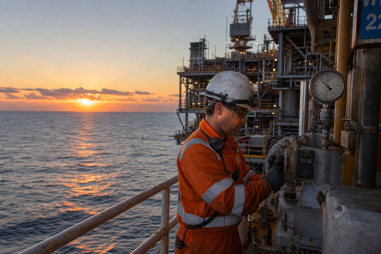 Petroleum Engineer Inspecting Equipment on Offshore Oil Rig