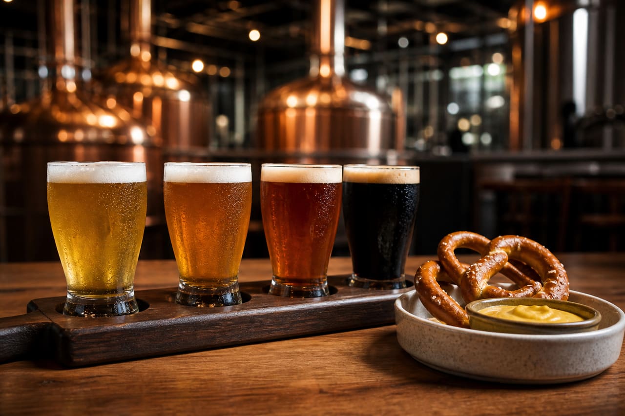 Craft Beer Flight and Pretzels on a Rustic Wooden Table