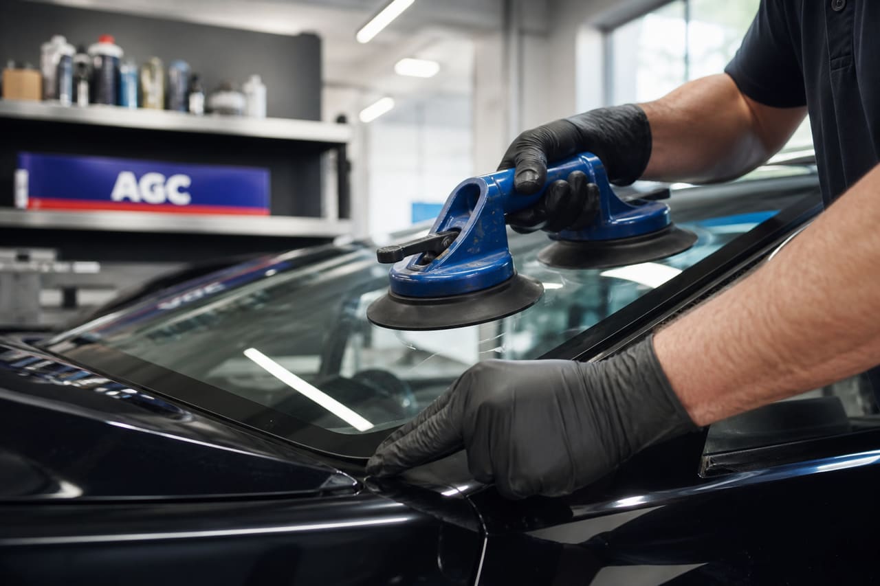 Technician Installing New Windshield in Professional Auto Shop