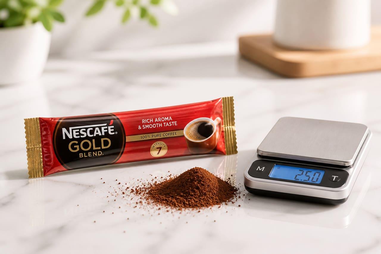 Instant Coffee Sachet and Digital Scale on White Surface