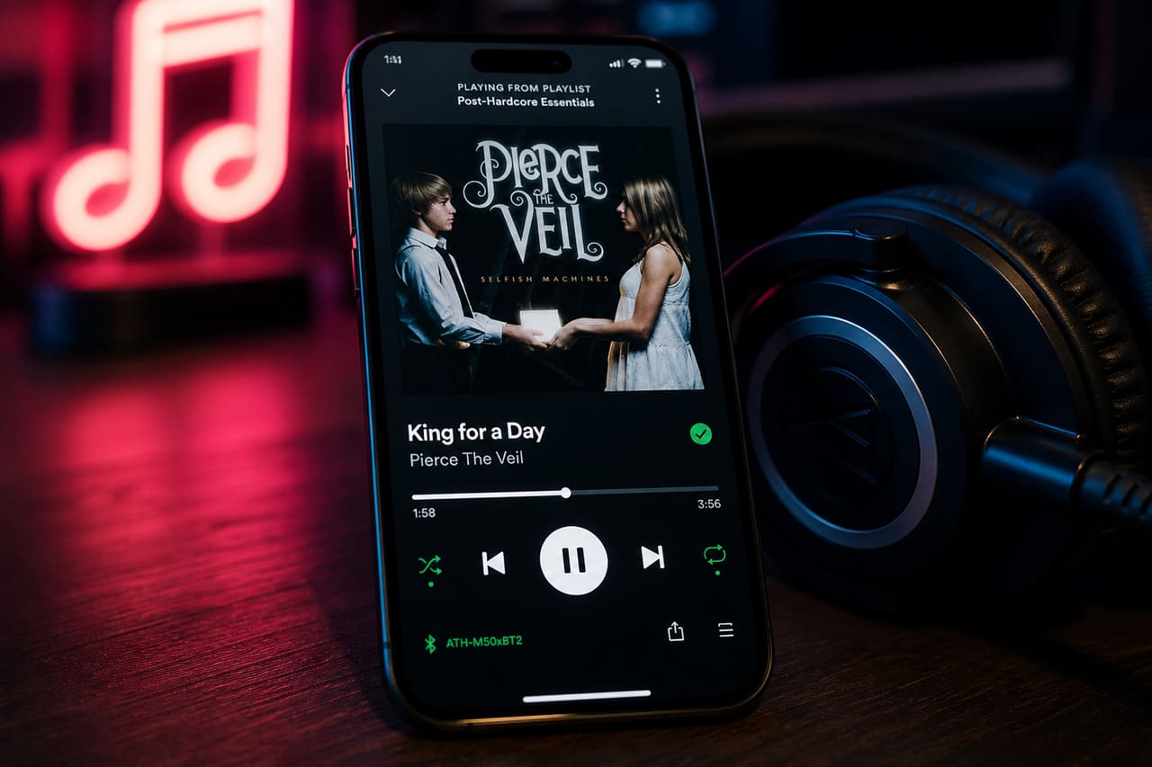 Smartphone Playing King for a Day Music Track on Desk